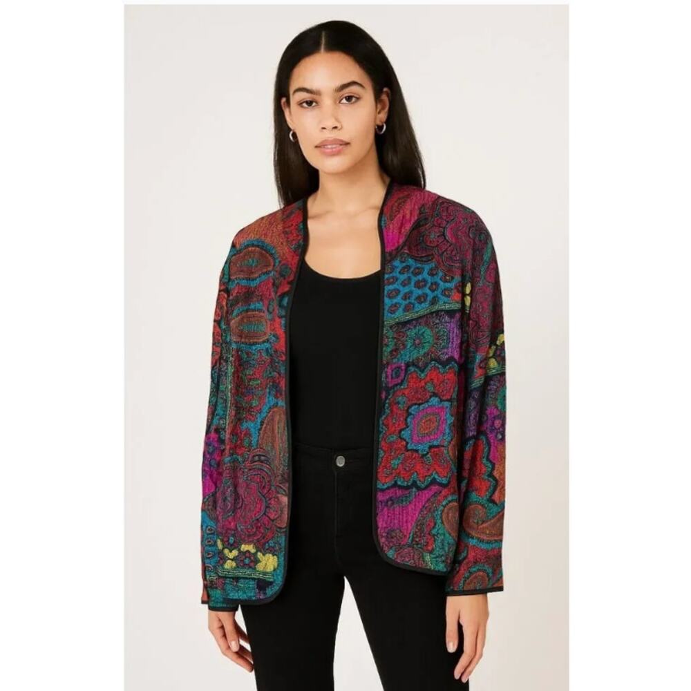 Vintage Chico’s 100% Silk Quilted Open Front Boho Paisley Jacket Sz 3 / XL